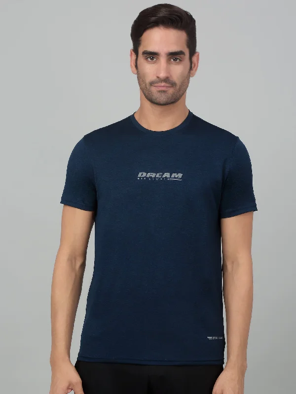 Men's Shirts with Short PlacketsMen's Navy Blue Round neck Half Sleeve T-Shirt with Graphic Print