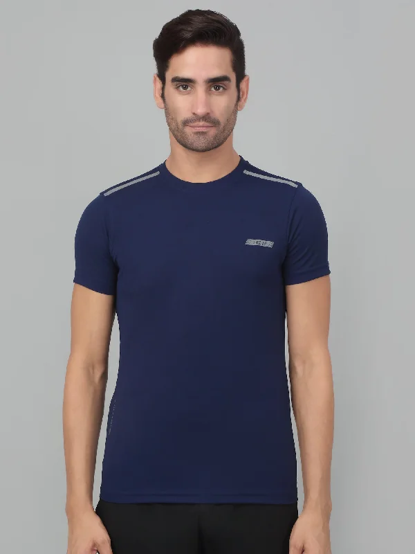 Men's Shirts with High NecksMen's Navy Blue Round neck Half Sleeve T-Shirt with reflective prints