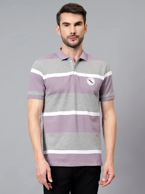 Men's Shirts with TiesMen's Purple Striped Polo Neck Half Sleeve T-shirt