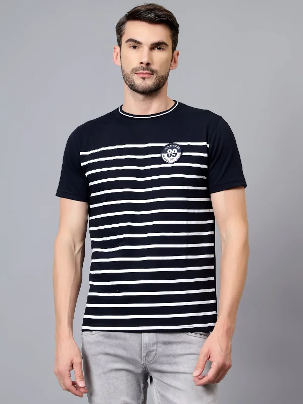 Classic Men's Button-Up ShirtsMen's Navy Blue Striped Round Neck Half Sleeve T-shirt