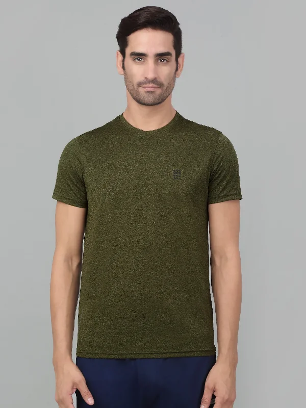 Comfortable Men's Polo ShirtsMen's Olive Green Melange Round neck Half Sleeve T-Shirt with chest print