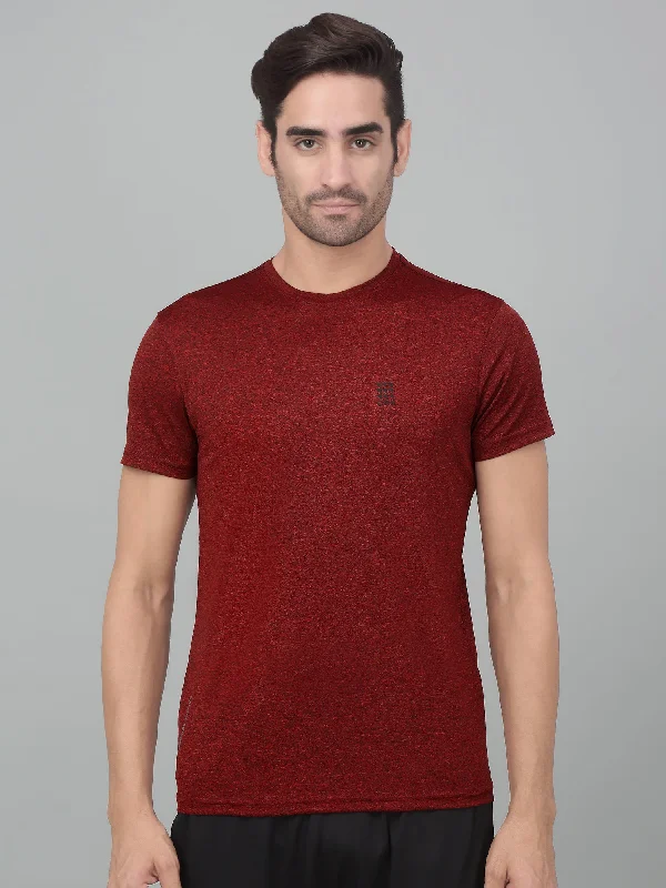 Men's Shirts with Button-Down PocketsMen's Red Melange Round neck Half Sleeve T-Shirt with chest print