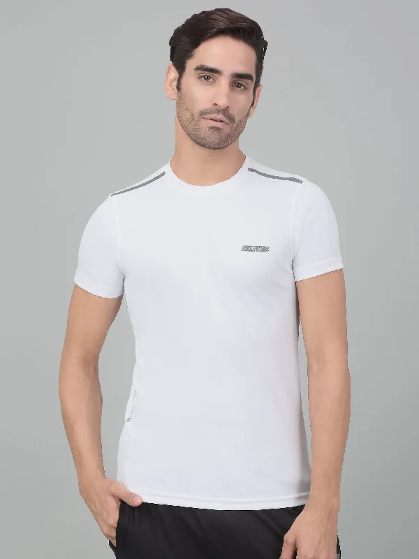 Striped Men's TopsMen's White  Round neck Half Sleeve T-Shirt with reflective prints