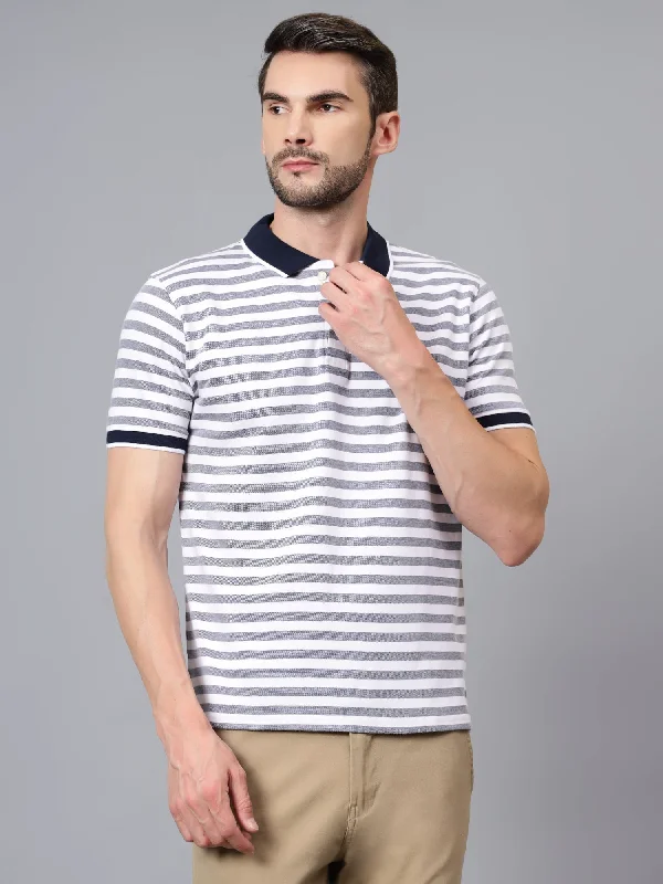Men's Shirts with Logo EmbossmentsMen's White Striped Polo Neck Half Sleeve T-shirt