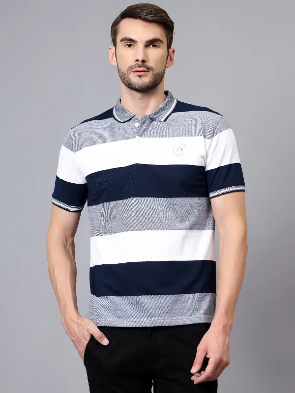 Men's Shirts with Moisture-Wicking FabricMen's White Striped Polo Neck Half Sleeve T-shirt