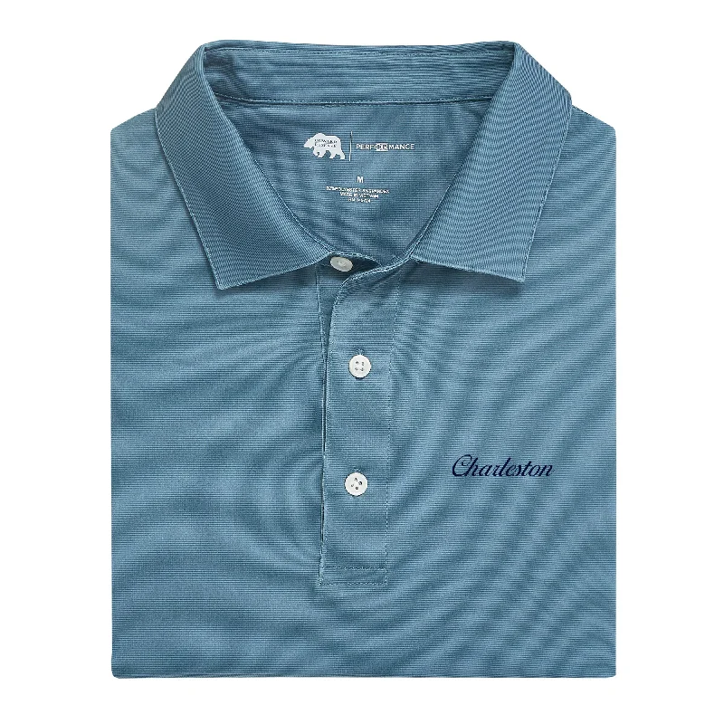 Men's Shirts with Logo EmbossmentsCharleston Town Script Hairline Stripe Performance Polo - Country Blue