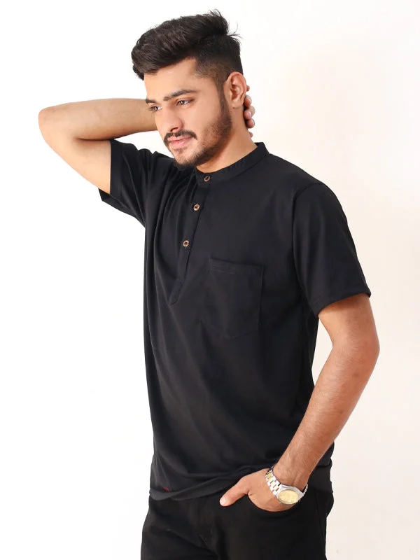 Men's Shirts with Roll-Up SleevesSN Men's Half Button T-Shirt Black