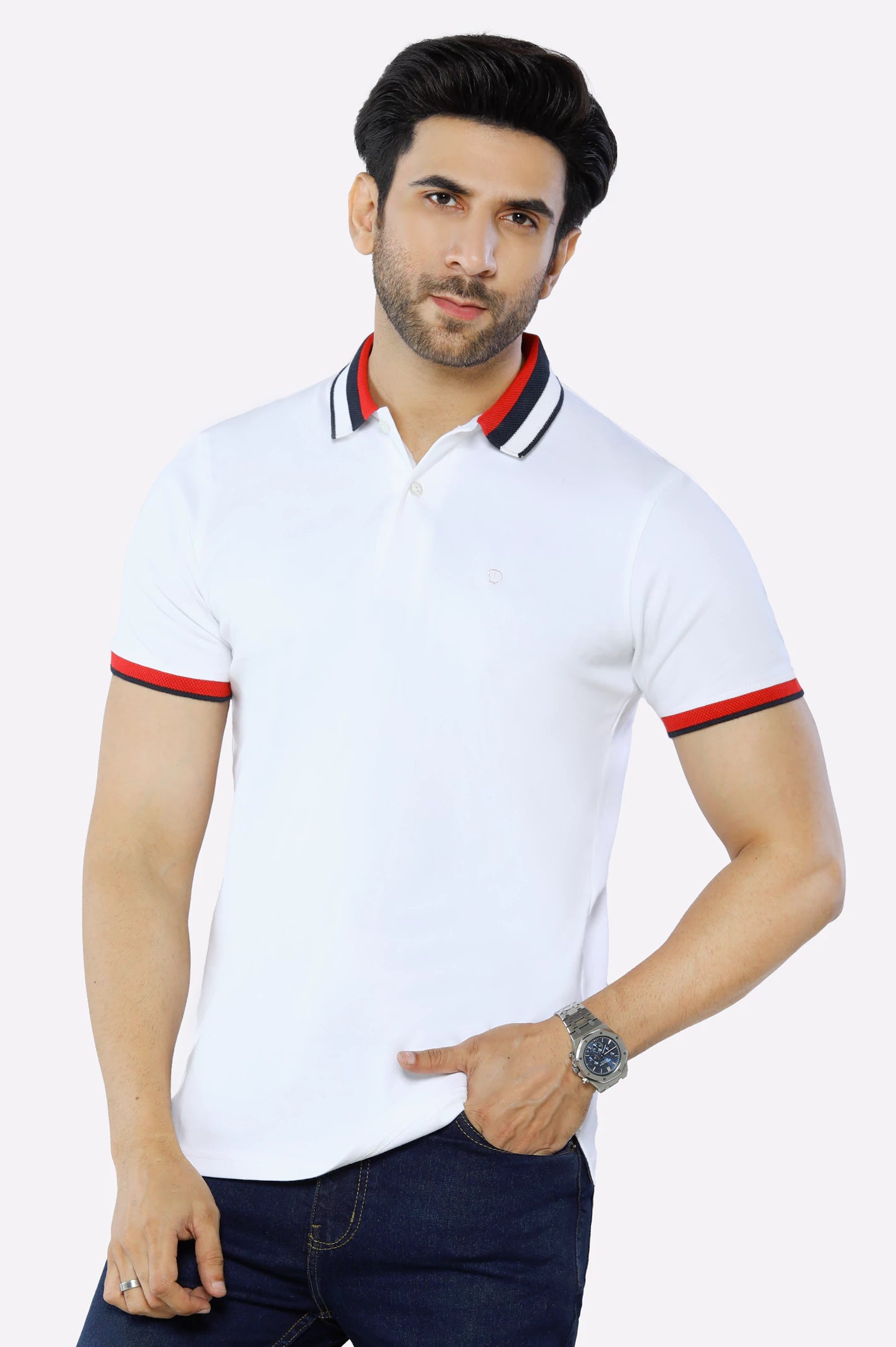 Men's Three-Quarter Sleeved TopsWhite Jacquard Collar Polo