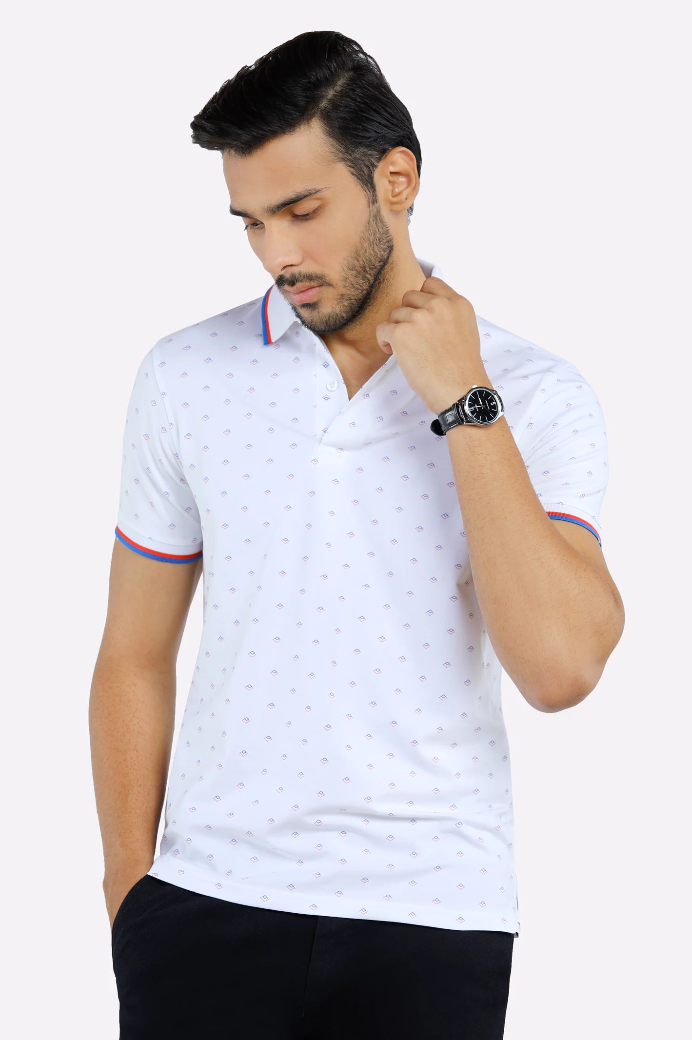 Men's Shirts with Appliquéd SleevesWhite All Over Printed Polo