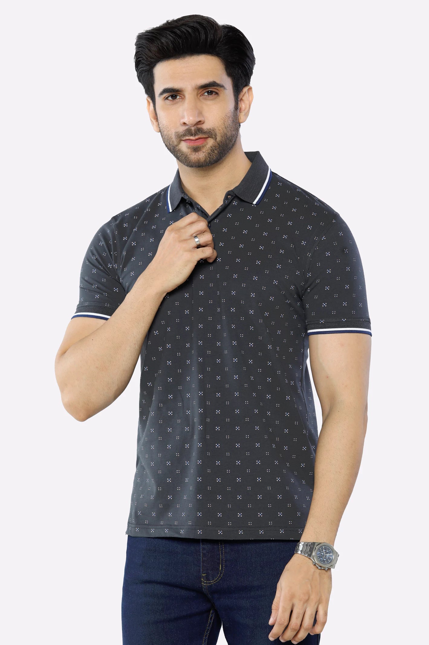 Warm Men's Fleece-Lined TopsCharcoal Printed Polo