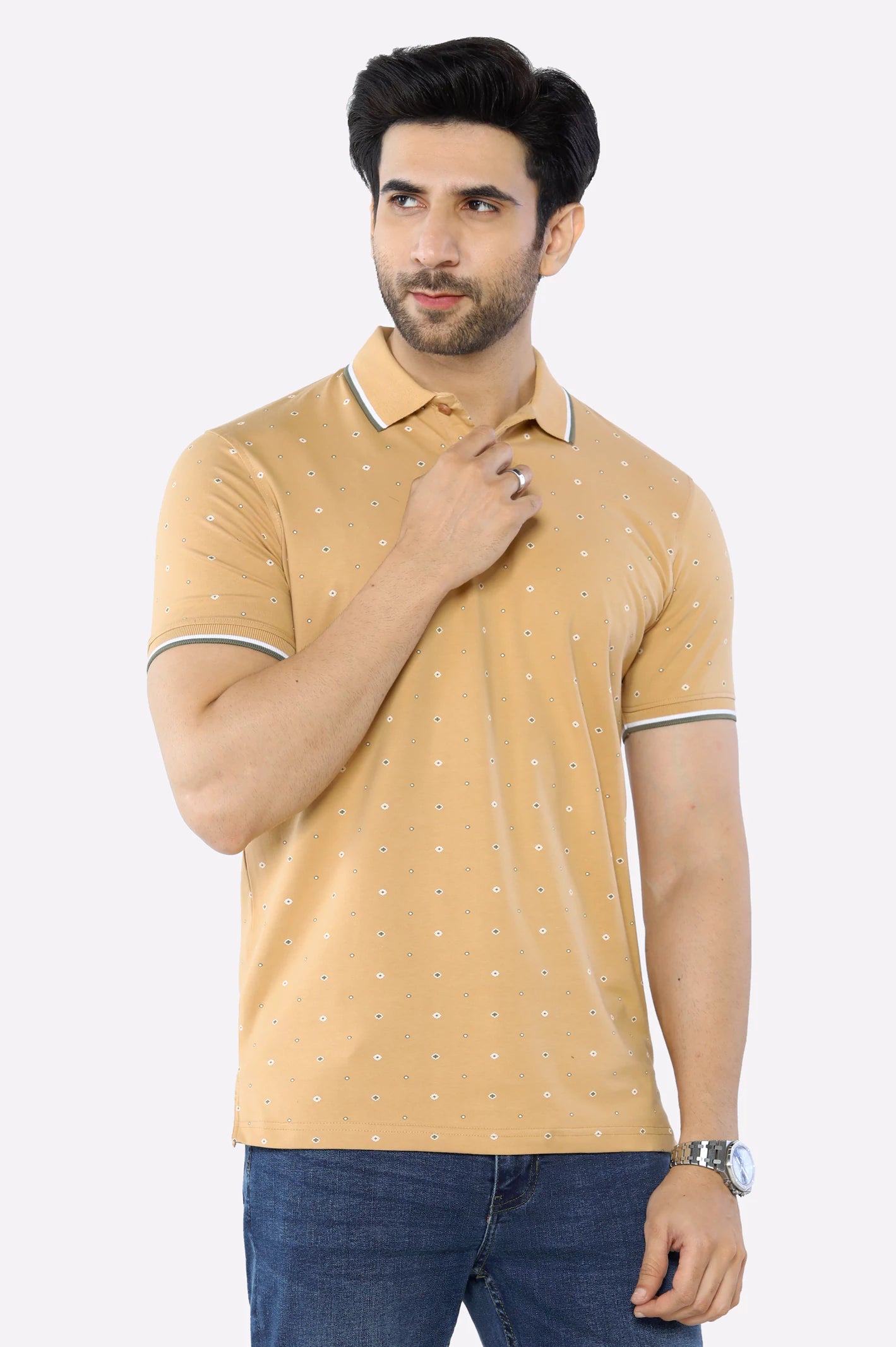 Comfortable Men's Polo ShirtsBeige Printed Polo