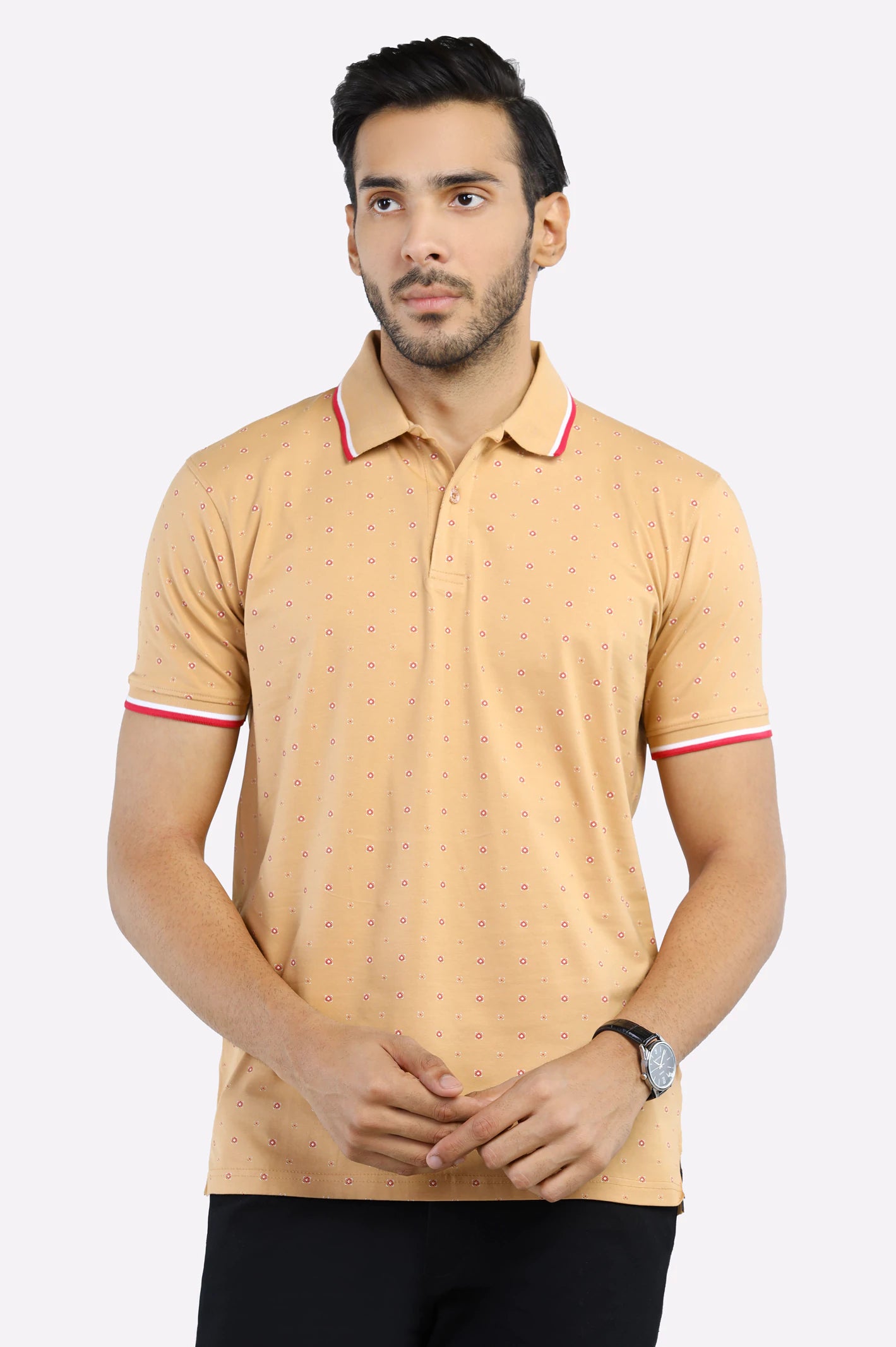 Men's Shirts with Zippered PocketsBeige All Over Printed Polo