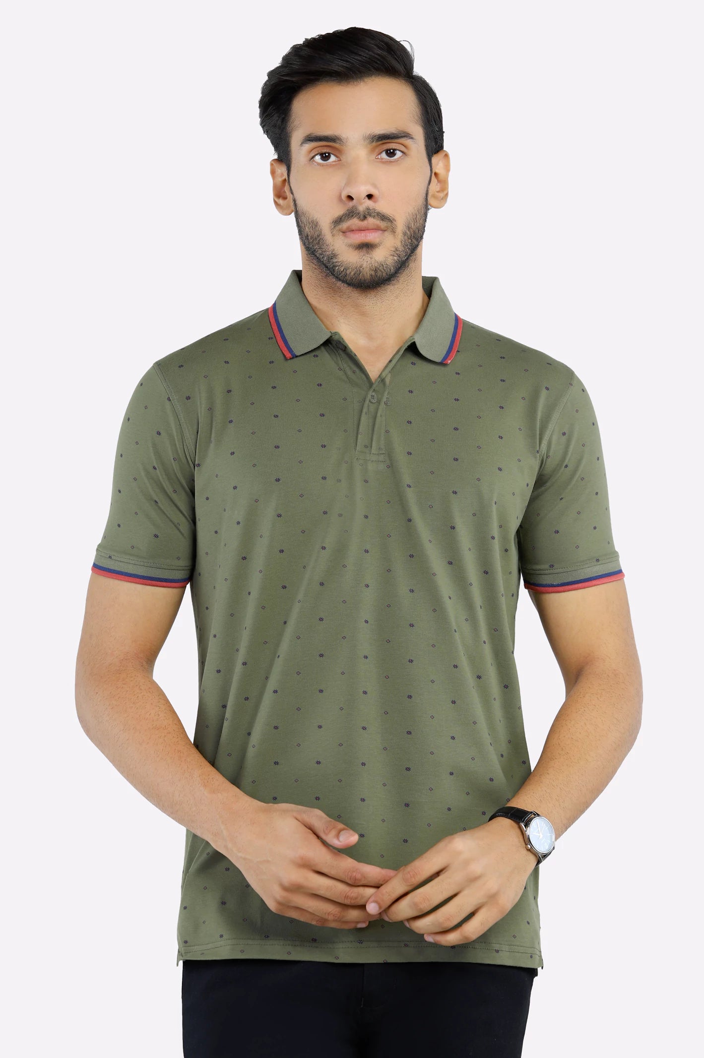 Men's Shirts with Asymmetrical HemlinesOlive All Over Printed Polo