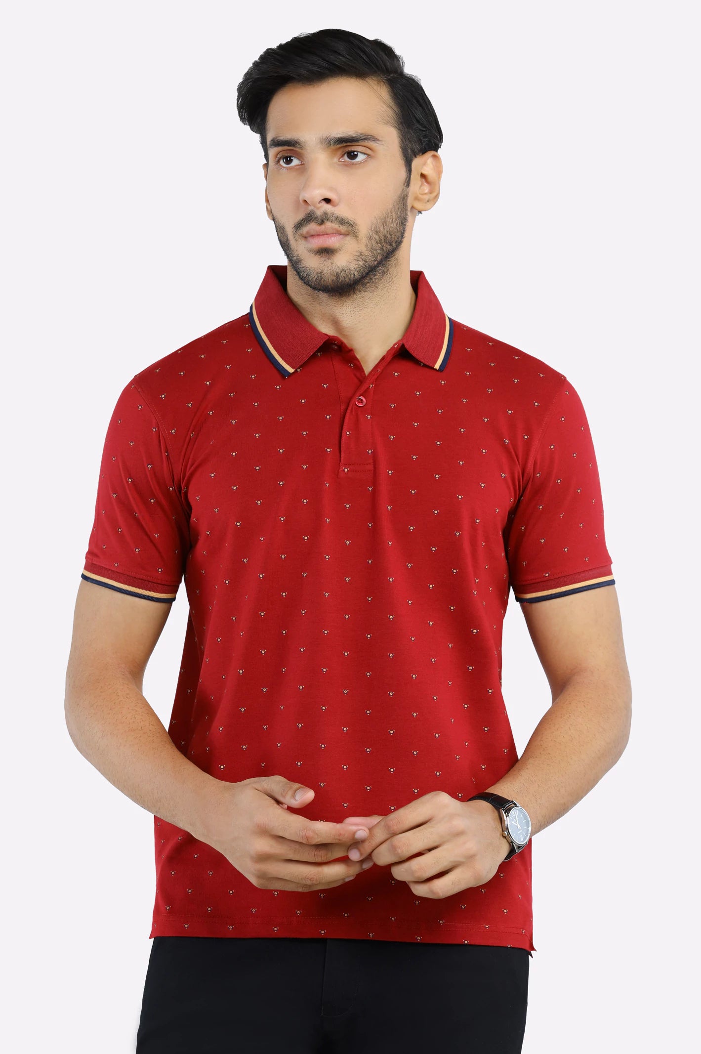 Men's Shirts with Mandarin CollarsRed All Over Printed Polo