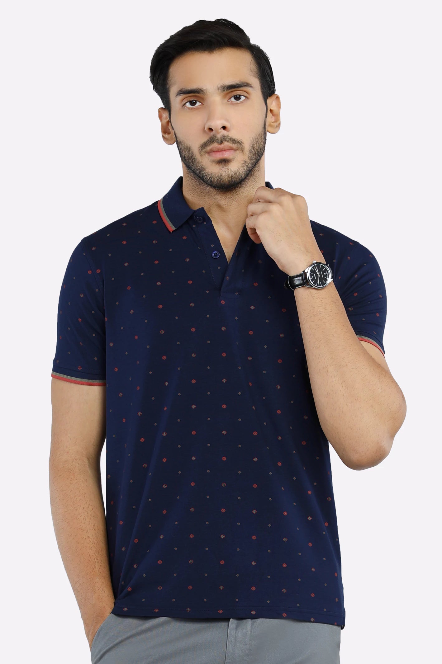 Men's Shirts with Hidden ButtonsNavy Blue All Over Printed Polo