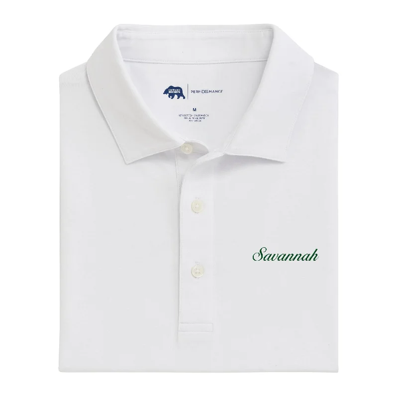 Men's Shirts with Rounded HemlinesSavannah Town Script Icon Polo - White