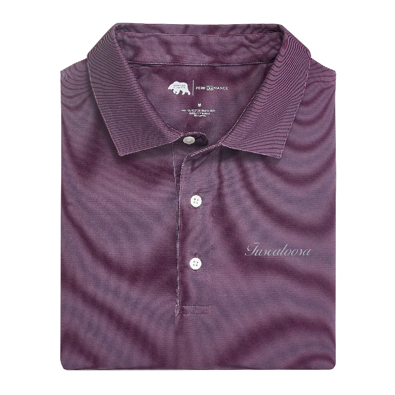 Men's Shirts with Embroidered DesignsTuscaloosa Town Script Hairline Stripe Performance Polo - Zinfandel