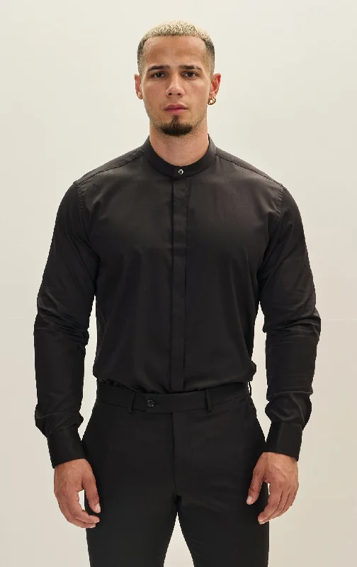 Stylish Men's Graphic T-ShirtsPure Cotton Band Collar Dress Shirt - Black