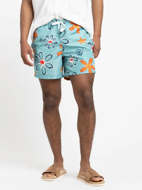Men's Pants with Slant PocketsAqua Blue Perennial Floral Swim Trunks