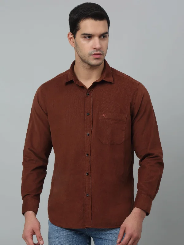 Men's Collared Shirts for Formal OccasionsMen's Brown Casual Plain Corduroy Full Sleeve Shirt