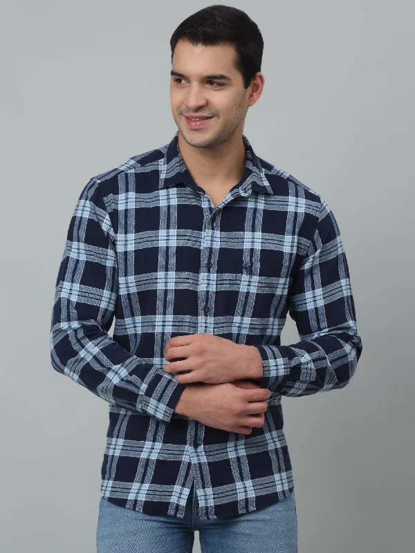 Men's Stain-Resistant Shirts for Mess-Free WearMen's Navy Blue Casual Brushed Big Checks Full Sleeve Shirt