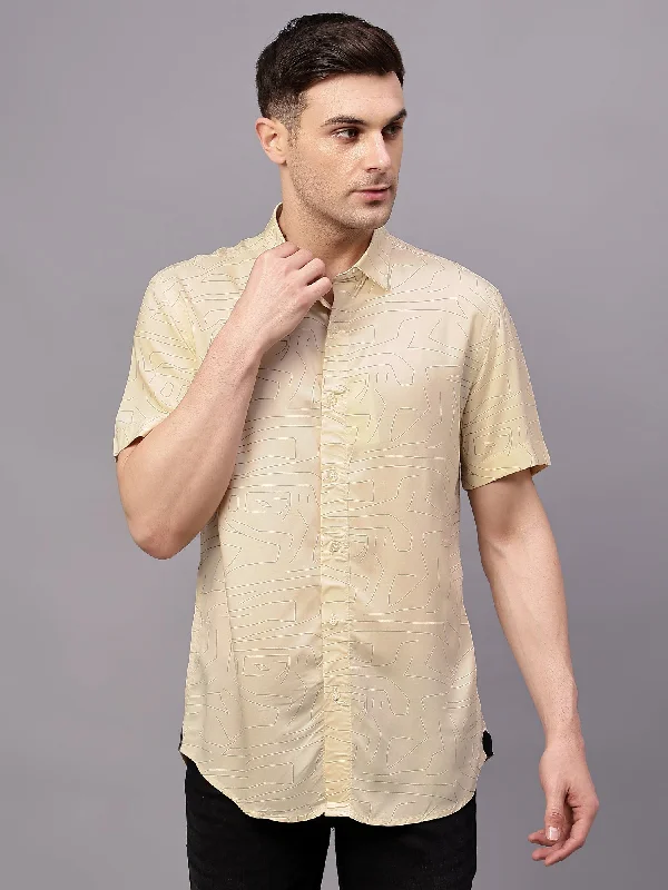 Men's Floral Print Shirts for Spring and SummerMen's Cream Casual Geometric Print Half sleeve Shirt