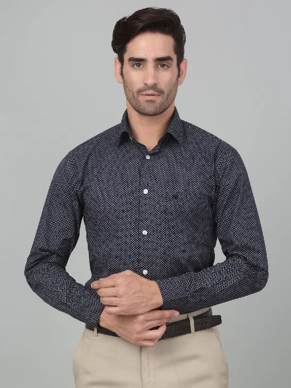 Men's Limited Edition Shirts for ExclusivityMen's Navy Blue Formal Geometric Print Full Sleeve Shirt