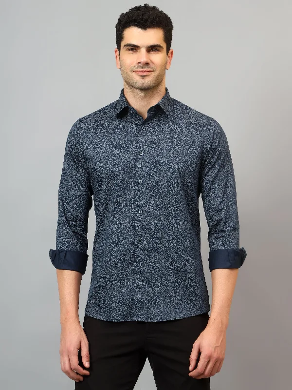 Men's Solid-Color Button-Down Shirts for VersatilityMen's Navy Blue Party Paisley Print  Full Sleeve Shirt