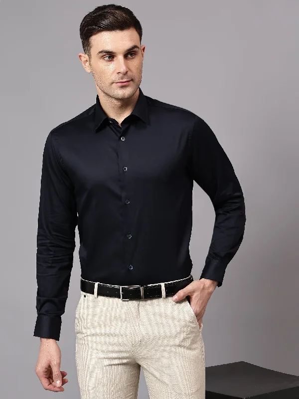 Men's Cowboy Shirts for Western StyleMen's Navy Blue Party Plain Satin Full Sleeve Shirt