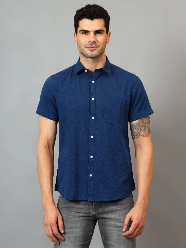 Men's Luxury Shirts for High-End FashionMen's Navy Blue Casual Plain Half sleeve Shirt