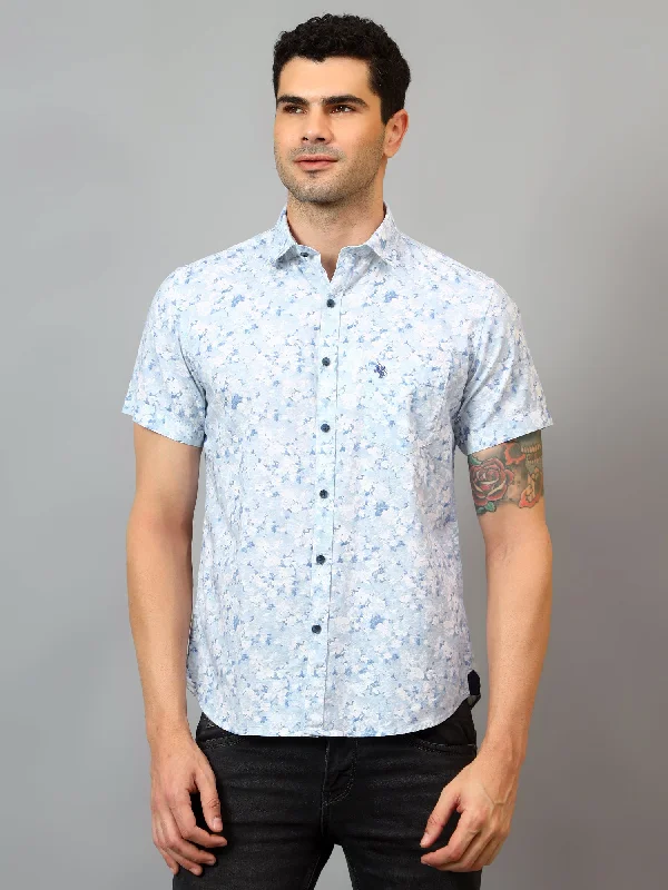 Men's Sleeveless Shirts for Summer ComfortMen's Sky Blue Casual Floral Print Half sleeve Shirt
