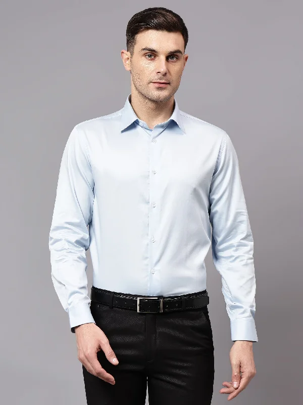 Men's Patterned Dress Shirts for a Unique TwistMen's Sky Blue Party Plain Satin Full Sleeve Shirt