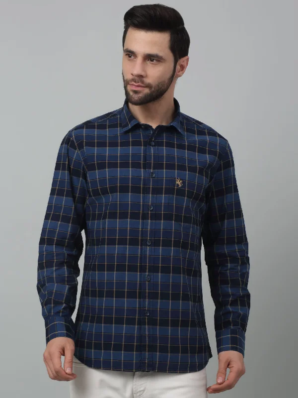 Men's Solid-Colored Shirts for VersatilityMen's Navy Blue Casual Medium Checks Full Sleeve Shirt