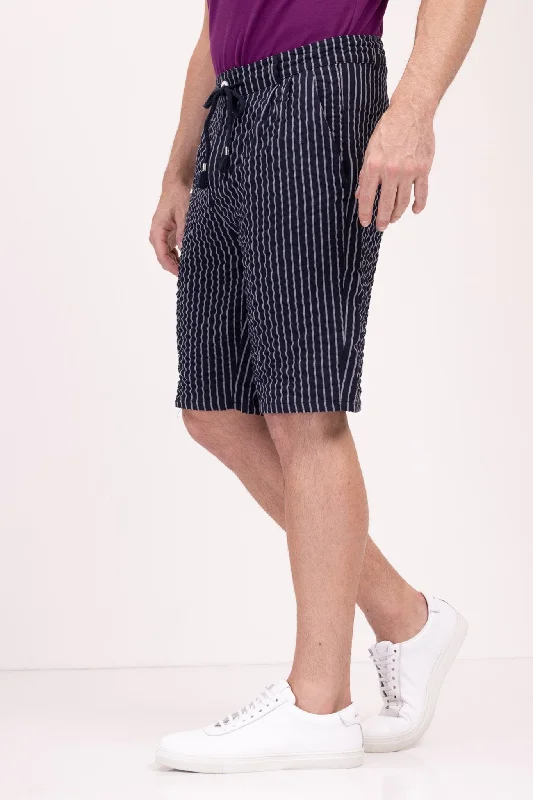 Men's Pants with Contrast Fabric PanelsBondi Casual Striped Shorts - Navy White