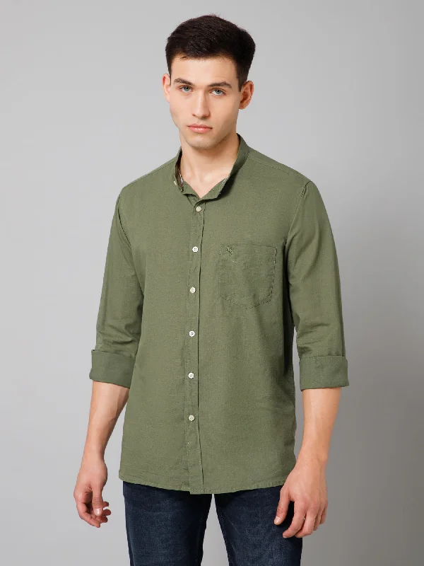 Men's Bamboo Fiber Shirts for Softness and BreathabilityMen's Olive Green Casual Plain Full Sleeve Shirt