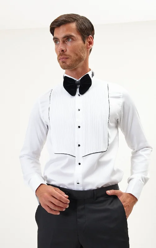 Men's Pattern-Clashing Shirts for Bold FashionPure Cotton Pleated Wing Tip Collar Shirt - White Black