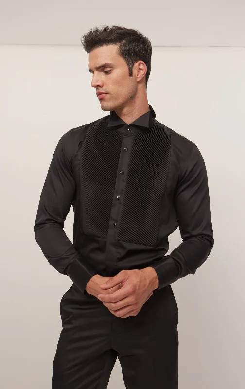 Men's Affordable Shirts for Budget-Friendly StyleDiagonal Pleated Wing Tip Collar Shirt - Black