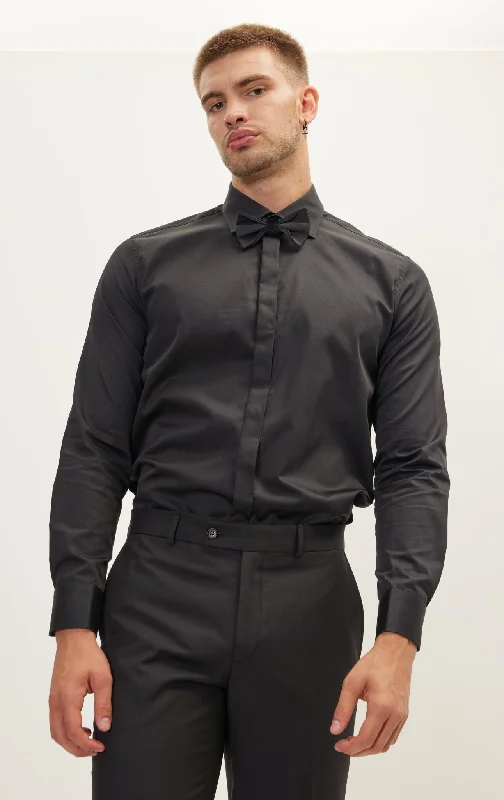 Men's Camping Shirts for Outdoor AdventuresPure Cotton Hidden Placket Dress Shirt - Black