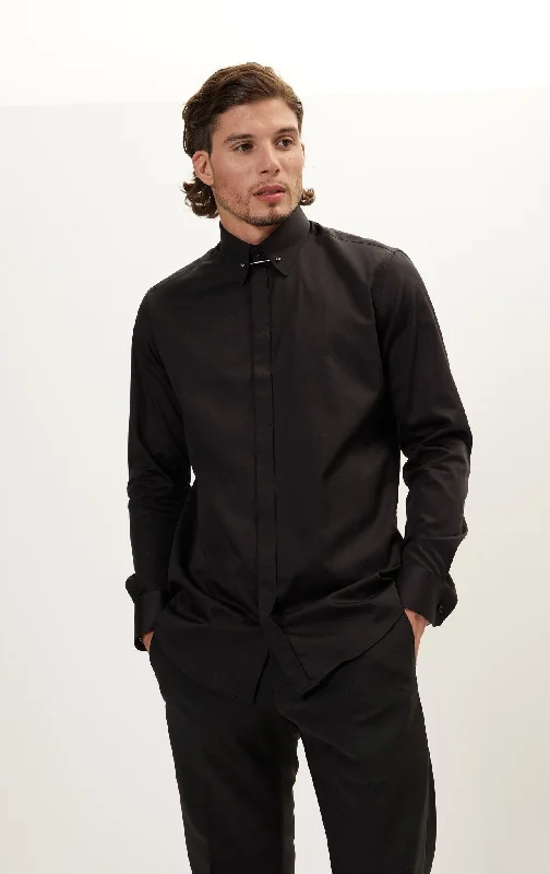 Men's Crew Neck T-Shirts for Everyday WearCollar Pin Hidden Placket Dress Shirt - Jet Black