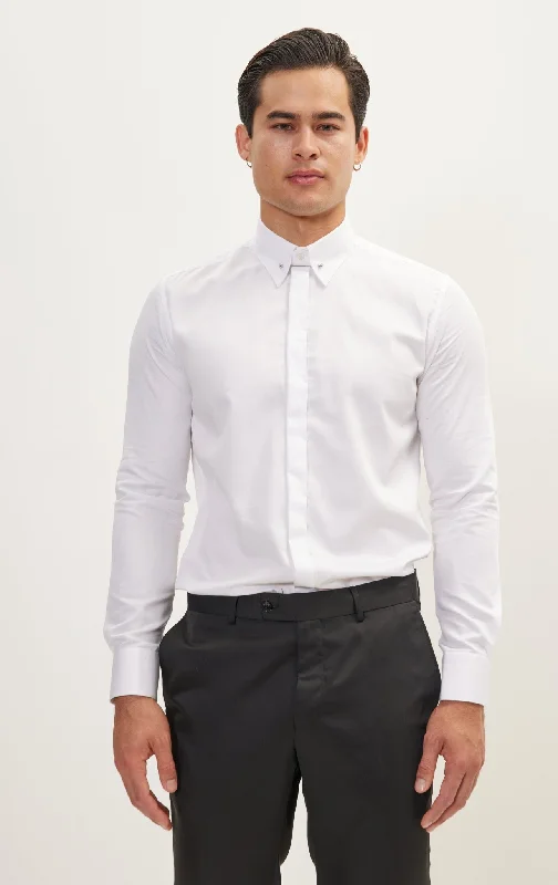 Men's Pocket T-Shirts for Added FunctionalityCollar Pin Hidden Placket Dress Shirt - White