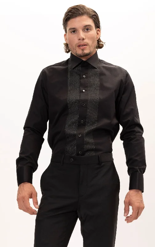 Men's Neutral-Tone Shirts for Versatile StylingLurex Paneled Spread Collar Tux Shirt - Black Black