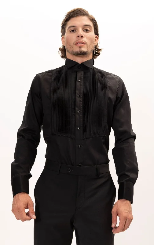 Men's Short-Sleeve Shirts for Warm WeatherPure Cotton Pleated Wing Tip Collar Shirt - Black Black