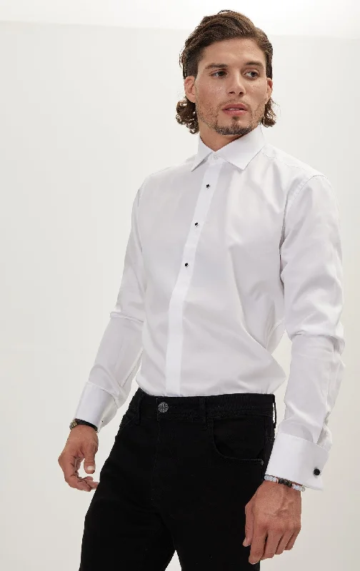 Men's Bamboo Fiber Shirts for Softness and BreathabilityPure Cotton Classic Collar Stud Button French Cuff Tuxedo Shirt - Optic White