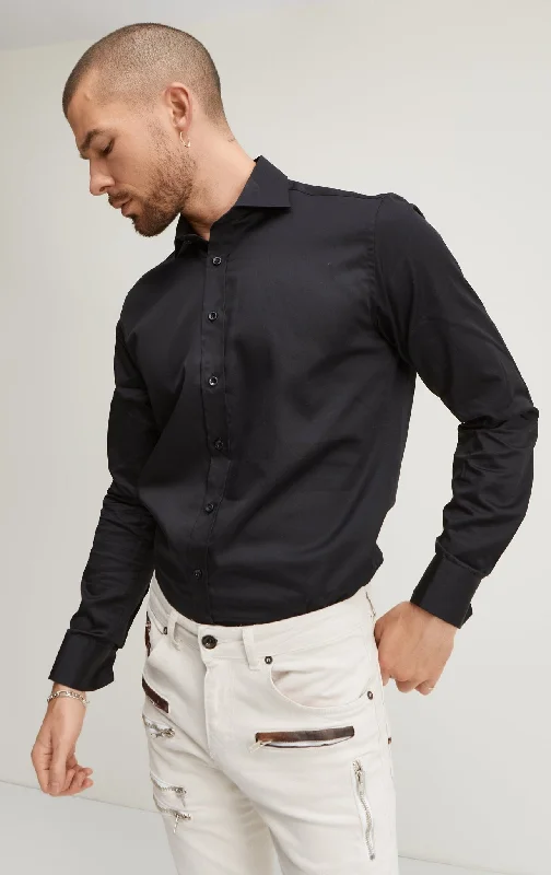 Men's Polo Shirts for Sports and Casual WearPure Cotton Spread Collar Fitted Dress Shirt - Jet Black