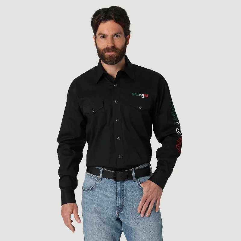 Men's Graphic Print T-Shirts for a Statement LookWrangler® Men's Western Mexico Logo Snap-Front Long Sleeve Work Shirt