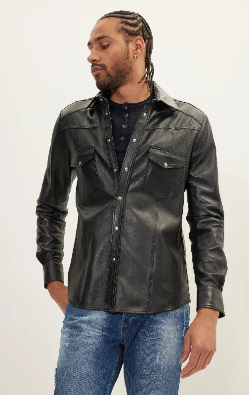 Men's Coats for Outdoor ActivitiesGenuine Lambskin Leather Shirt - Black