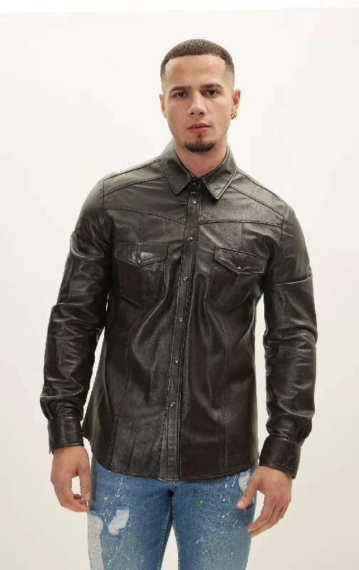 Affordable Men's Winter CoatsGenuine Lambskin Leather Shirt - Dark Brown