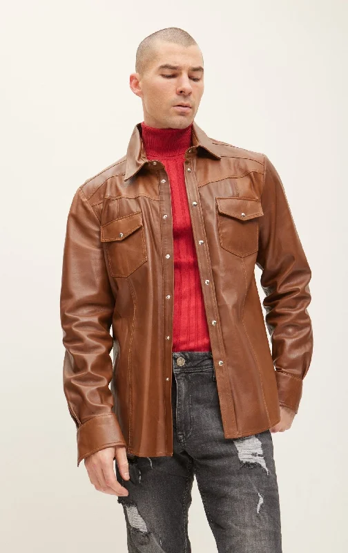 Men's Coats with Stretch FabricGenuine Lambskin Leather Shirt - Brown