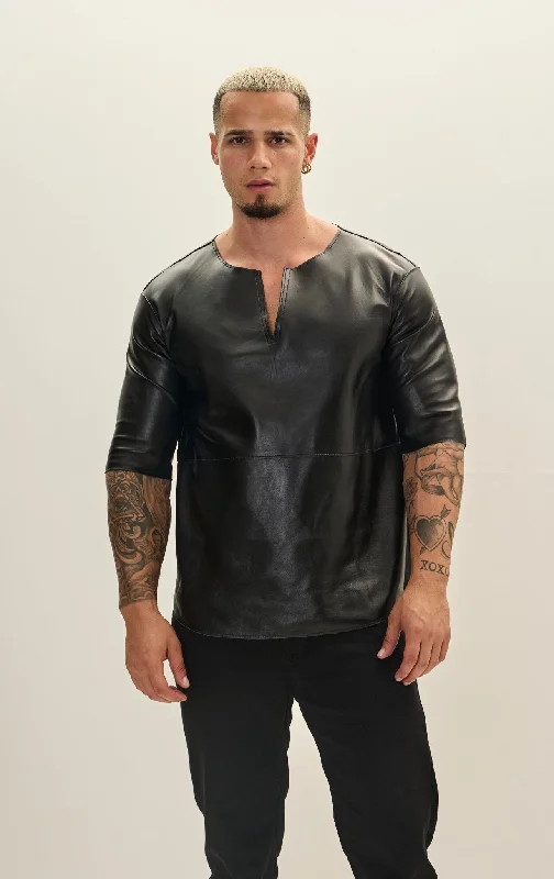 Designer Men's OvercoatsThe Lambskin Leather Three Quarter V Neck Shirt - Black