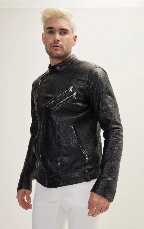 Men's Coats with Embroidered DetailsDouble Zipper Cafe Racers Jacket - Black Leather Snake Embossed
